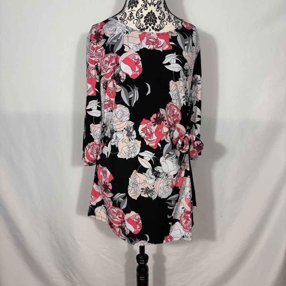 Alfani Black Floral Wrap Tie 3/4 Sleeve Tunic Top XL